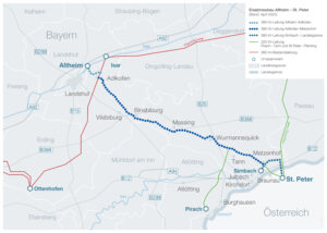 Der geplante Trassenverlauf des Ersatzneubaus für die grenzüberschreitende Leitung zwischen Altheim und St. Peter (Bild: TenneT TSO GmbH) 
