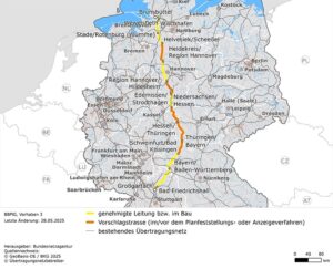 Trassenverlauf und Status der Stromleitung SuedLink, Teilvorhaben 3, Stand: 28.05.2025. (Bild: BNetzA)