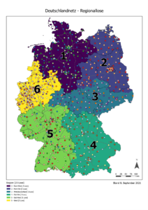 Die insgesamt 900 Suchräume, in denen Schnellladepunkte entstehen sollen, verteilen sich auf 23 Regionallose in insgesamt sechs Regionen (Nordwest, Nordost, Mitteldeutschland, Südost, Südwest und West). Grafik: Nationale Leitstelle Ladeinfrastruktur