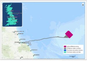Der Offshore-Windpark wird auf der so genannten Dogger Bank errichtet, 195 Kilometer vor der Nordostküste Großbritanniens. Grafik: RWE AG
