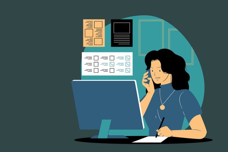 Grafik Frau sitzt vor Computer und telefoniert